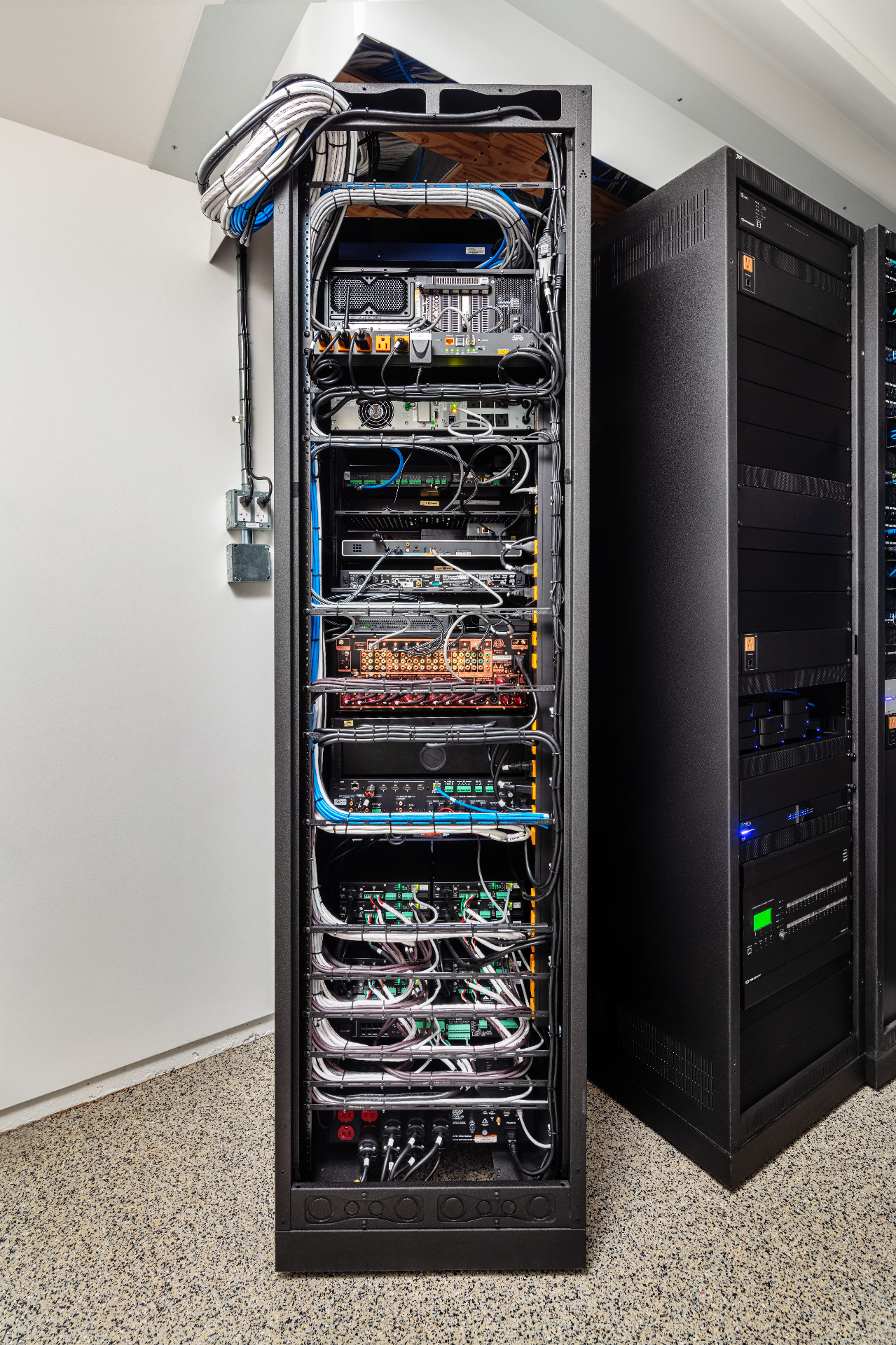 Back of the Eagle’s Nest equipment rack — meticulously bundled and labeled wiring behind the scenes.